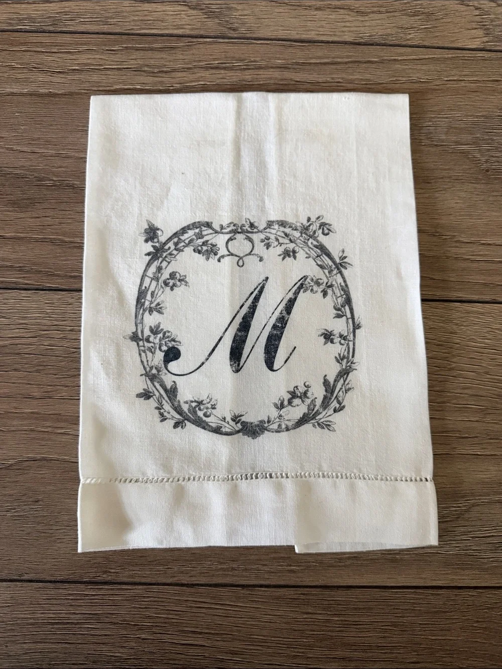 Monogram 'M' White Cotton Kitchen Towel with Gray Print